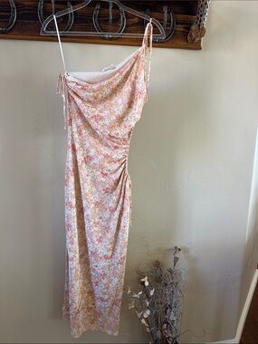 Sage the Label One-Shoulder Floral Slip Dress in Pink and Cream